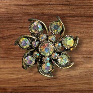 Vintage Gold-Tone Floral Brooch Pin With Aurora Borealis Rhinestones
